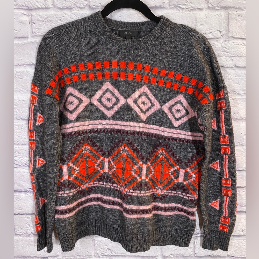 J. Crew Charcoal Sweater with Red and Pink Accents